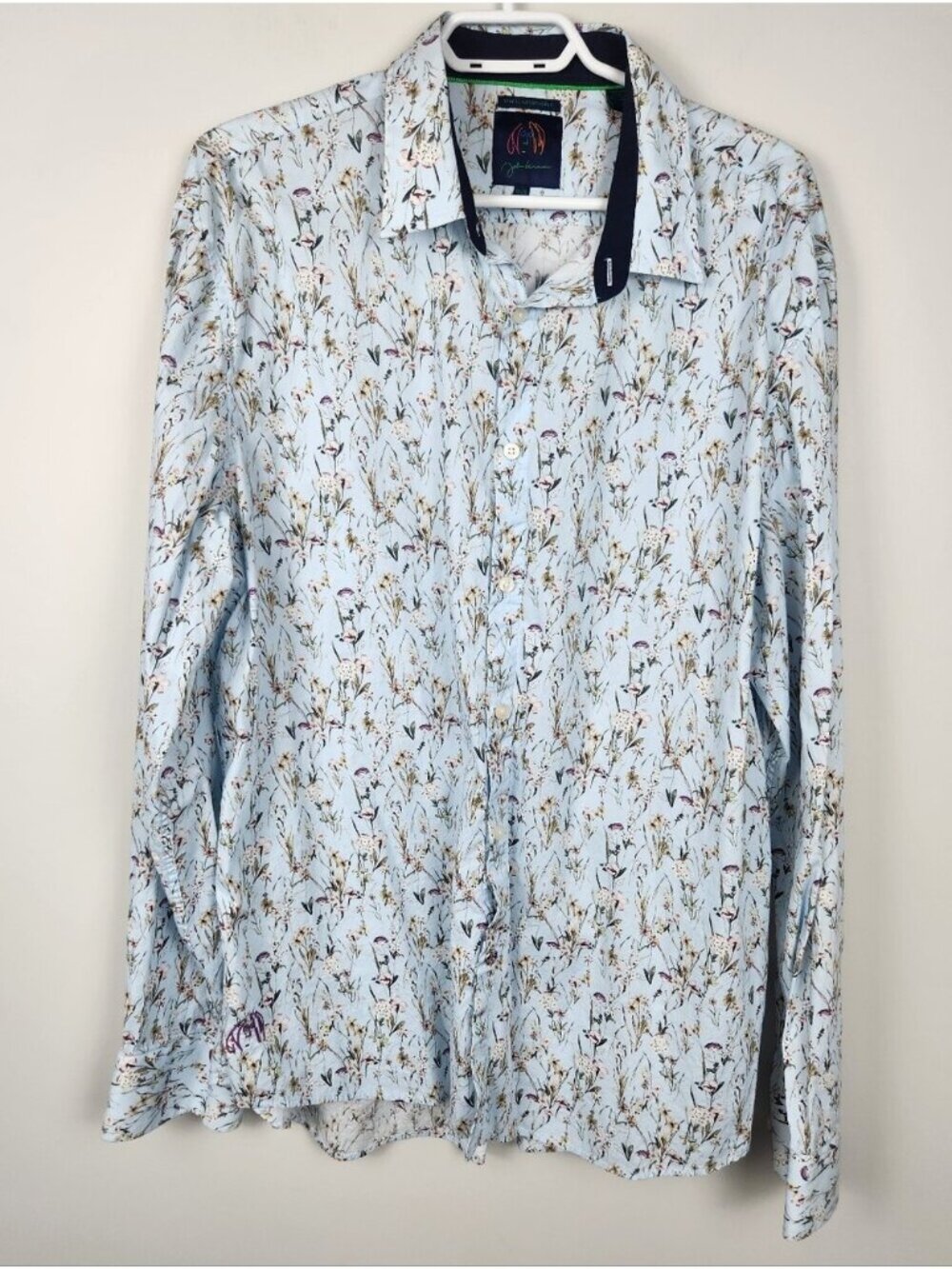 John Lennon Size XXL Button Down Shirt Floral Light Blue Shirt Office Profession
